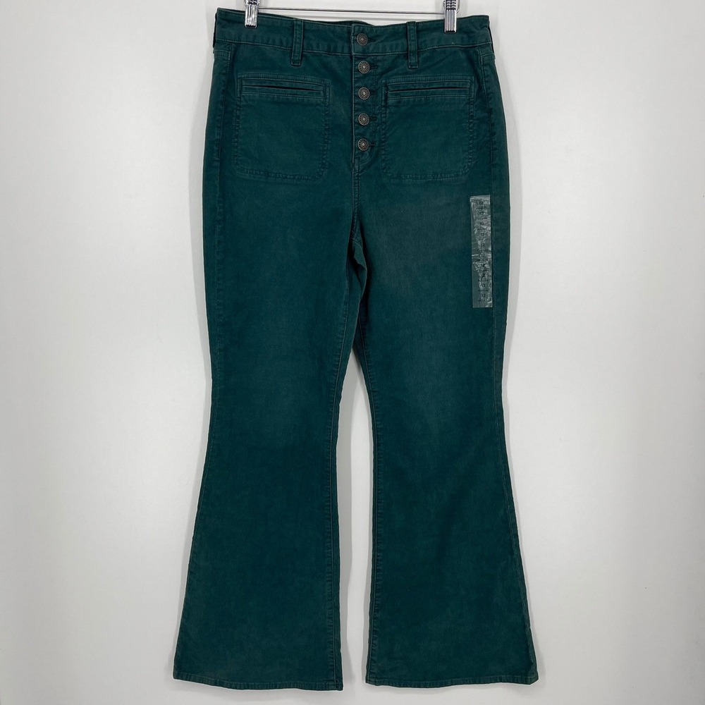 American Eagle Super Hi-Rise Flare Corduroy Pants Teal Green Button Fly Size 12